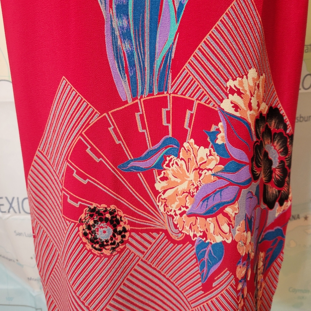 Lizzy & Johnny Silk Dress Red With Floral Asian Print Side Slit Slit Sleeves - Picture 5 of 16